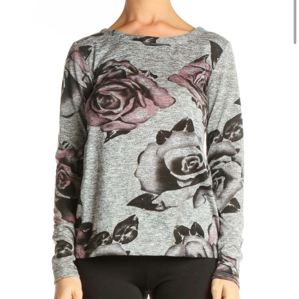 Philosophy Gray Floral Rose Print Brunch Long Sleeve Shirt - Women’s Top - Small